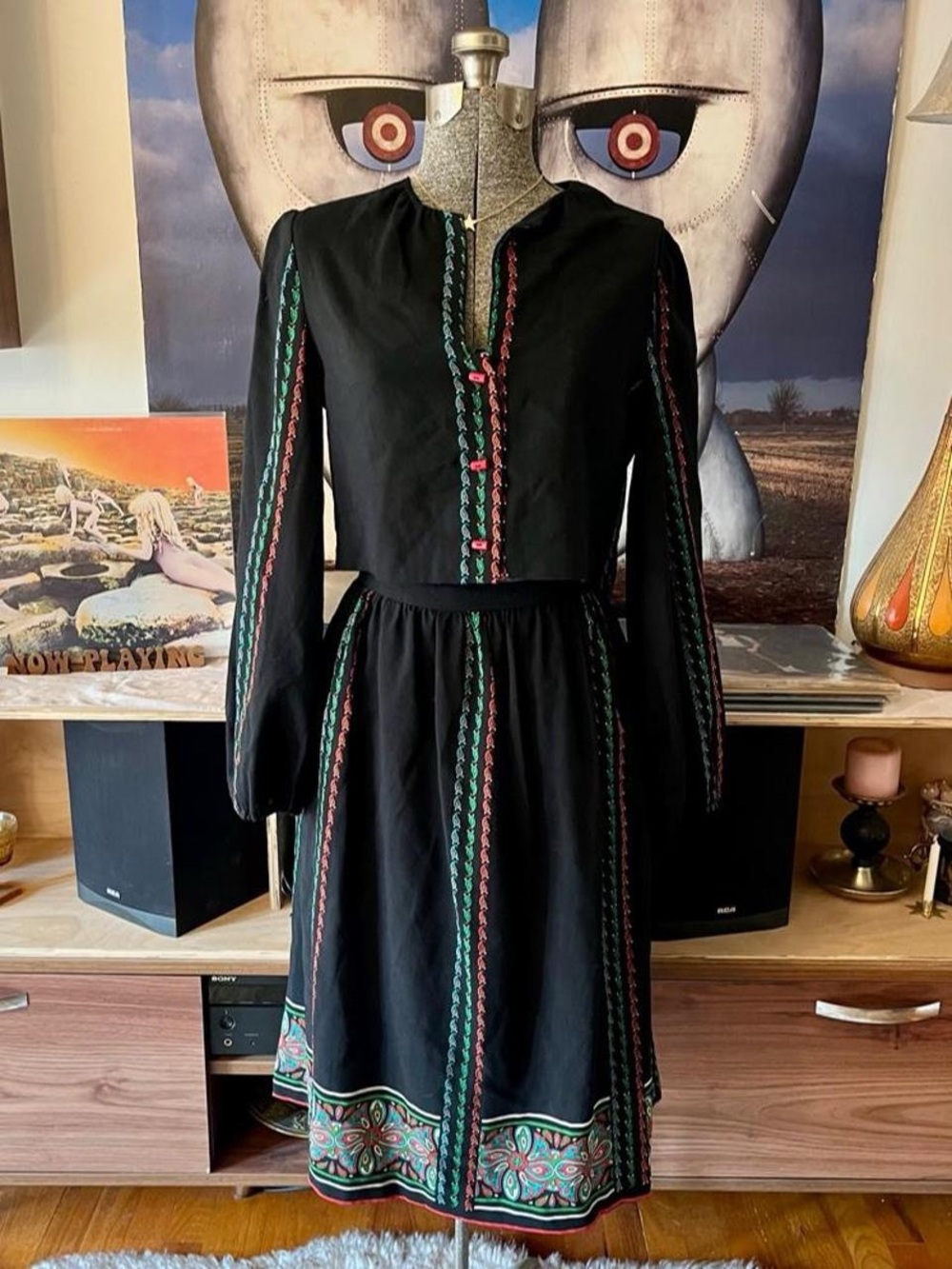 Vintage 70s Folk Black Top & Skirt Set